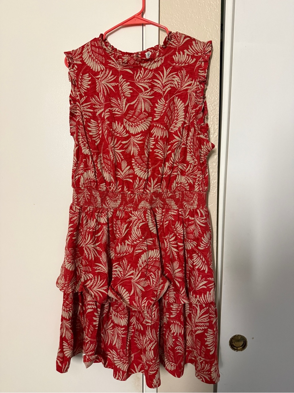 Woman’s Red Leaf-Print Tiered Dress